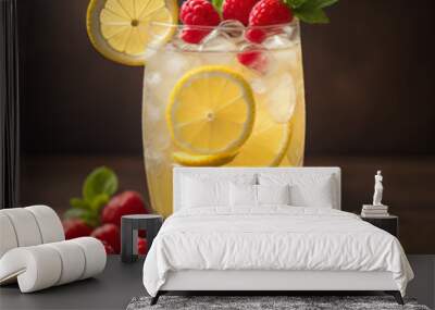 a sparkling lemonade, garnished with fresh raspberries and lemon wedges Wall mural