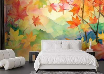 Abstract art autumn background with watercolor maple leaves. Watercolor hand-painted natural art perfect for design decorative in the autumn festival, header, banner, web Wall mural