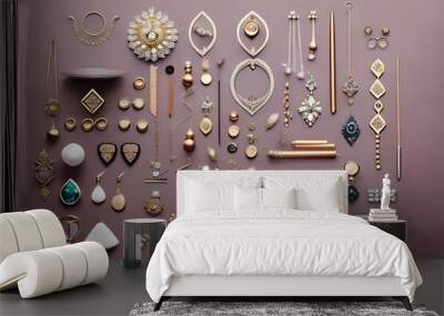 an elegant flat lay showcasing a collection of delicate jewelry pieces on a velvet backdrop Wall mural