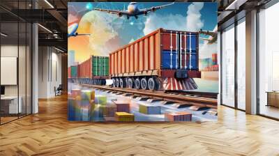 global business of container cargo freight train for business logistics concept, air cargo trucking, Wall mural