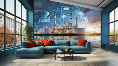 oil and gas power plant refinery with storage tanks facility for oil production or petrochemical factory infrastructure and demand price chart concepts as wide banner hologram datum data Wall mural