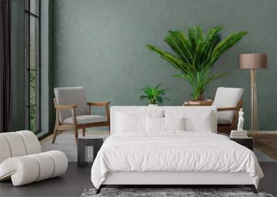 room with two chairs and coffee table on rug, tropical plant in pot, empty wall, 3d rendering Wall mural