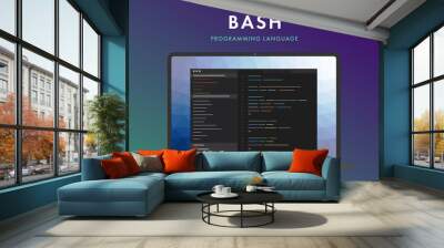 Bash programming language vector icon. Learning concept on the laptop screen code programming. Command line Bash interface with flat design and gradient purple background.  Wall mural