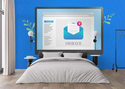 Email inbox message interface on the computer screen. Notification of new unread mails icon. E-mail communication software for business concept. Vector illustration with blue background. Wall mural