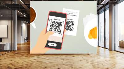 QR code payment concept. Hand holding smartphone that scans QR code on check for contactless payment in cafe. Convenience and speed of mobile payments. Suitable for e-commerce and finance visuals. Wall mural