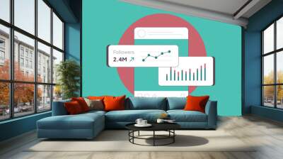 Social Media Engagement Rates for Tracking Followers Growth KPI Metrics. Audience engagement and performance monitoring. Social media followers flat vector illustration with icons Wall mural