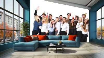 Beautiful people having fun on a white background. Concept celebrating New Year or Christmas. Wall mural