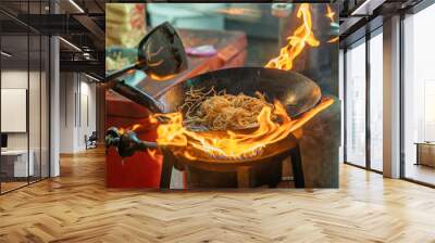 fried noodles cook in pan with big fire flame is hong kong style. Pad Thai favorite and famous Asian Thai street fast food in hot pan, Pad Thai is fried rice noodle dish a street food Thailand Wall mural