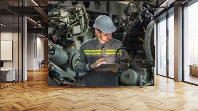 male automation engineer in uniform helmet safety inspection check control heavy machine robot arm system in industrial factory. technician worker check for repair factory machine Wall mural