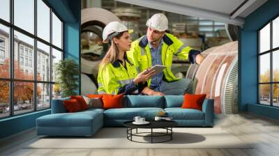 technician Factory mentor teaching apprenticeship  trainee operating machine looking monitors and check Production process machinery. Two engineer technician foreman worker explaining control machine Wall mural