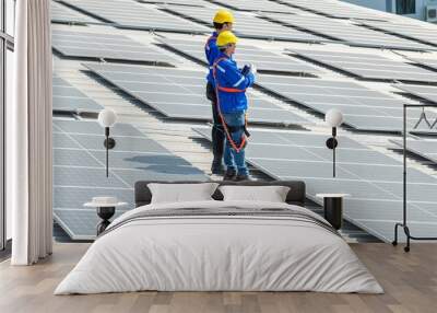 Two solar panel workers wearing safety gear inspect a large solar panel array on a factory rooftop. Wall mural