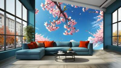 Cherry blossoms flowers with blue sky and white cloud background . Generative AI Wall mural