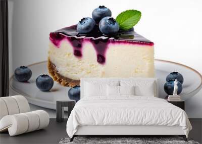 Slice of blueberry cheesecake isolated on white background. Generative ai Wall mural