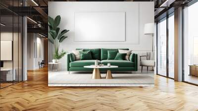 Stylish living room interior. Sofa, beige carpet, Coffee table and blank mockup poster. Generative ai Wall mural