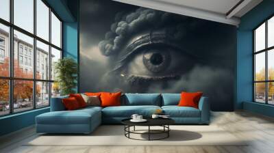 eye of the person in cloud colored as smoke in sky in monochrone colors scale black and white giving a dusky look generated with ai Wall mural