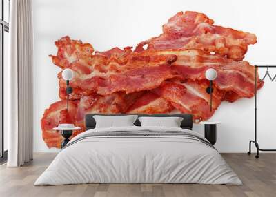 Cooked bacon rashers close-up isolated on a white background. Wall mural