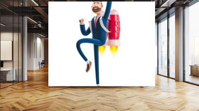 3d illustration. Businessman Billy flying on a rocket Jetpack up. Concept of  business startup, launching of a new company. Wall mural