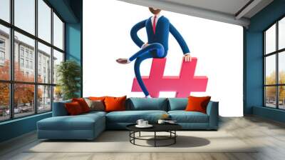 3d illustration. Businessman Billy sitting on a hashtag icon. The concept of social media. Wall mural