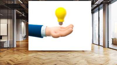 3d illustration. Cartoon businessman character hand holding a big bulb. Concept of creativity. Wall mural