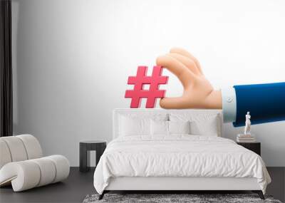 3d illustration. Cartoon businessman character hand holding a hashtag sign. Wall mural