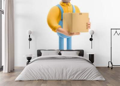 3d illustration. Cartoon character. Deliveryman in overalls  holds a box with a parcel in his hands. Wall mural