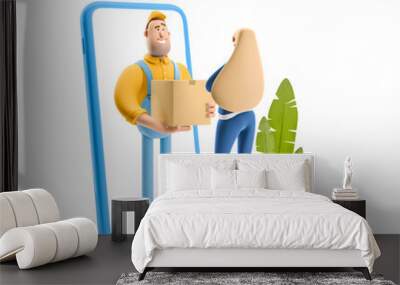 3d illustration. Cartoon character. Deliveryman in overalls standing inside the phone and  holds a box with a parcel. Online delivery Concept. Wall mural