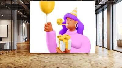 3d illustration. Cartoon girl 3d character with gift box and balloon. Birthday celebrating illustration. Wall mural