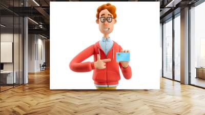 3d illustration. Nerd Larry with credit or debit card. Wall mural