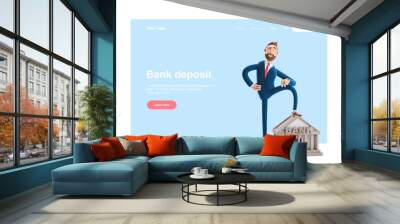 3d illustration. Portrait of a handsome businessman with bank building. Banking concept. Wall mural