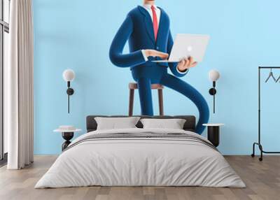 3d illustration. Portrait of a handsome businessman with laptop on blue background. Wall mural