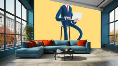 3d illustration. Portrait of a handsome businessman with laptop on yellow background. Wall mural