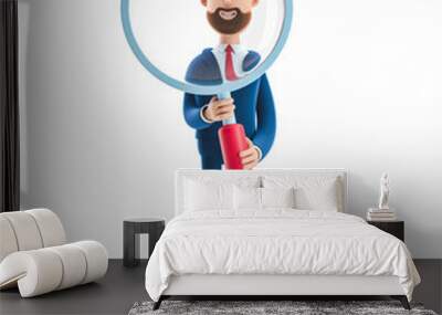 3d illustration. Portrait of a handsome businessman with magnifier. Wall mural