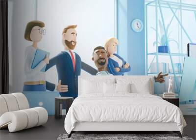 A team of employees works on the computer. Modern office. 3d illustration.  Cartoon characters. Business teamwork concept. Blue Background. Wall mural