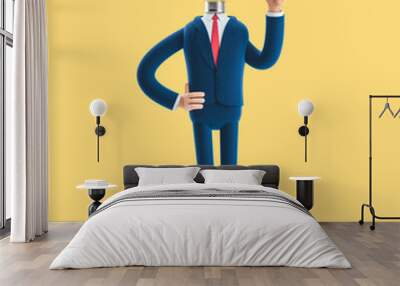 Businessman Billy with light bulb instead of head. Innovation and inspiration concept. 3d illustration on yellow background Wall mural