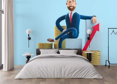 Cartoon character Billy goes to success. 3d illustration on blue background. Concept of financial growth. Dashboard with the analysis of finance Wall mural