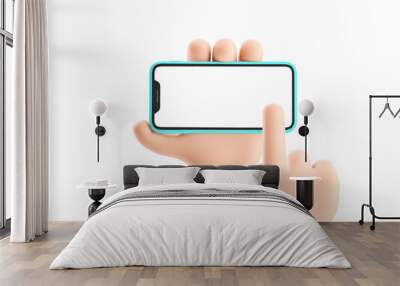 Cartoon device Mockup. Cartoon hand holding phone on white background. 3d illustration. Wall mural