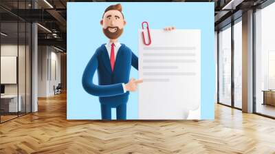 Handsome cartoon character Billy holds a completed document. 3d illustration on blue background Wall mural