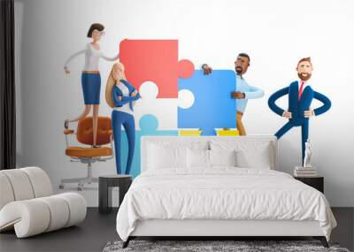 People connecting puzzle elements. 3d illustration.  Cartoon characters. Business teamwork concept on white background. Wall mural