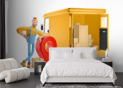 Truck delivery service and transportation. 3d illustration. Cartoon yellow car with driver character and pin sign. Parcel tracking concept. Wall mural