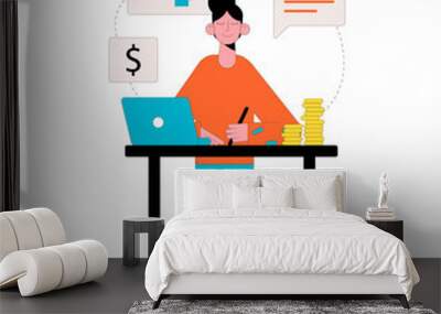 Vector illustration. Business concept. Businesswoman makes money online. Wall mural