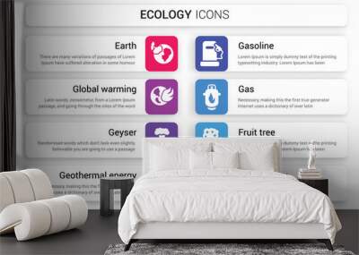 Set of 8 white ecology icons such as earth, Global warming, Geyser, Geothermal Energy, Gasoline, Gas isolated on colorful background Wall mural