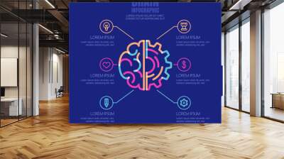 Brain and gear cog, vector infographics design template and icons set. Concept for business, brainstorming, high technology, development, innovation, creativity. Wall mural