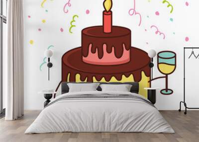 cute cartoon smiling cake with glass of champagne. vector illust Wall mural