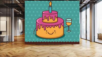 cute cartoon smiling cake with glass of champagne. vector illust Wall mural