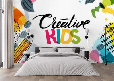 kids art, education, creativity class concept. vector banner, poster or frame background with hand d Wall mural