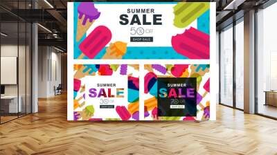 Set of summer sale banners with multicolor ice cream. Vector horizontal and square banners and flyers. Summer poster background with frame and ice cream illustration. Discount labels. Wall mural