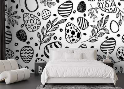 Vector doodle Easter seamless pattern. Black white watercolor, ink illustration of easter eggs and leaves Wall mural