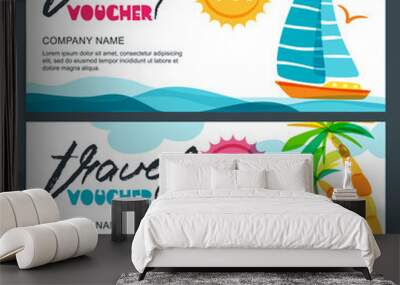 Vector gift travel voucher template. Tropical island, yacht, sailing boat and palms illustration. Concept for summer vacation and travel agency. Banner, coupon, certificate or flyer layout. Wall mural