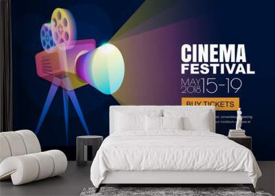 Vector glowing neon cinema festival poster or banner background. Colorful 3d style movie camera with film spotlight. Sale cinema theatre tickets, movie time and entertainment concept. Wall mural