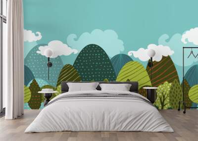 Vector seamless doodle background with textured mountains and gr Wall mural